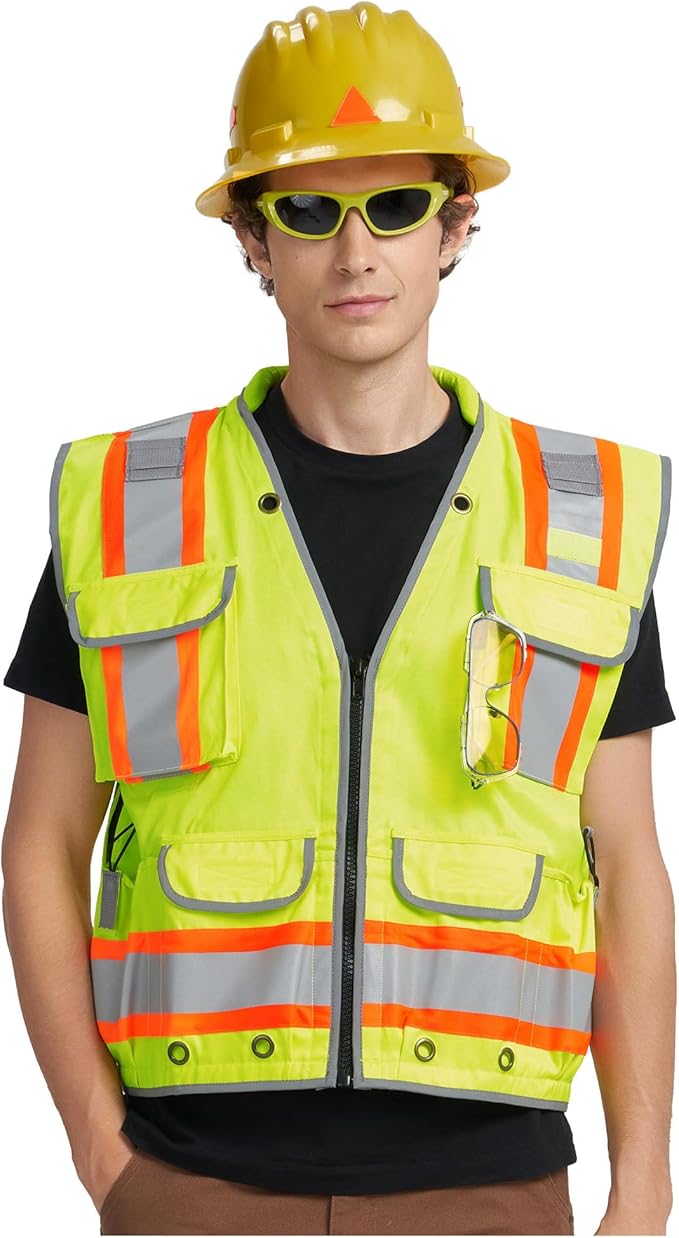 AYKRM Heavy Woven cotton High Vis Reflective work construction safety vest for men Class 2 with ipad Cargo Pockets