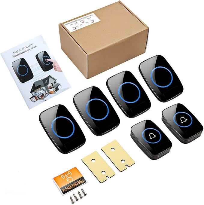 Wireless Doorbell, FullHouse Waterproof Door Bell Kit, Distinguish front and rear doors, Over 1000 feet Range and 60 Chime, 5 Levels Volume and LED Flash, for Home Office Classroom
