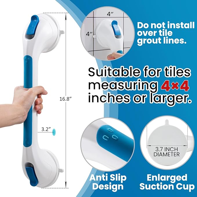 TAILI Shower Grab Bar Suction Grab Bars for Bathtubs and Showers, Heavy Duty Bath Handle Removable Bath Handrails for Seniors and Elderly, Bathroom Safety Grip No Drilling Waterproof,Blue