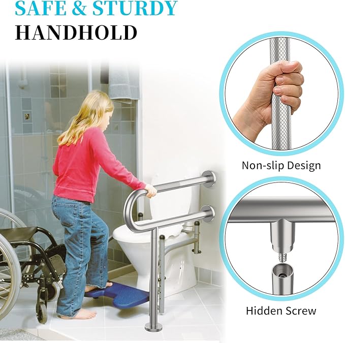 Toilet Support Rail 23.4X 28 Inch, Munzong Anti-Slip Satin Brushed Nickel Handicap Grab Bar for Bathroom, Stainless Steel Knurled Safety handrails with Leg for Elderly Disabled Pregnant-1.25’Tube