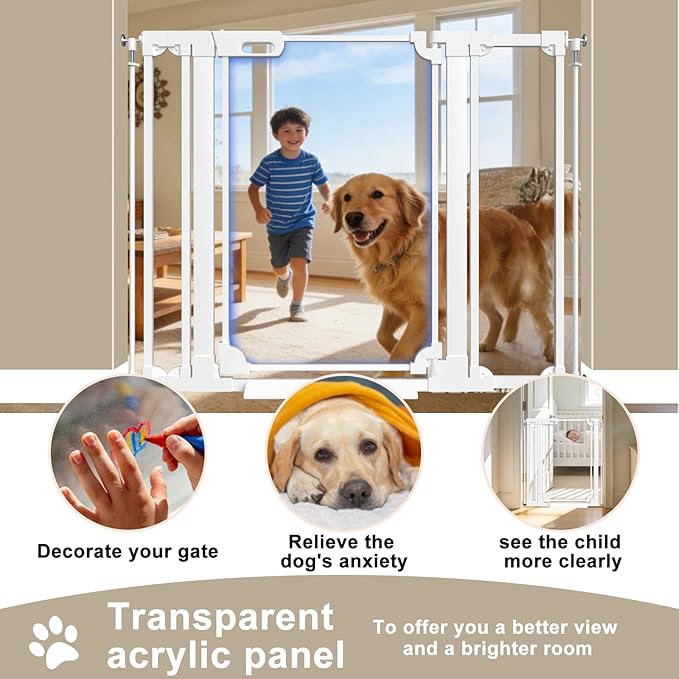 WAOWAO 40" Extra Tall Clear Acrylic Baby Gate for Dogs and Kids with Double Lock, 29.5"-37.37" Width, Safety Auto Close Pet Gate for Babies and Pets, Fits Doorways, Kitchen, and Entryways, White