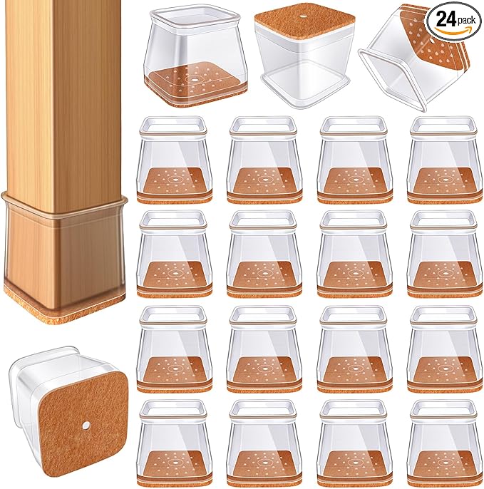 24 Pcs Chair Leg Floor Protectors for Hardwood Floors Square Silicone Covers to Protect Wood Tile Floors Felt Pads Furniture Leg Caps Anti-Scratch Reduce Noise (Fit:1-1/16" to 1-5/8")