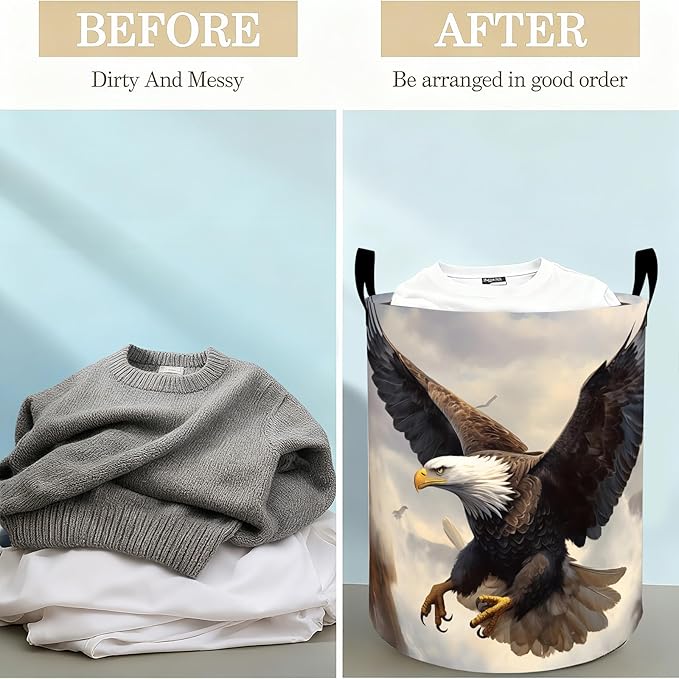 Bald Eagle Laundry Basket Hamper for Boys Girls Kids Adults, Foldable Waterproof Oxford Clothes Storage Bin, American Freedom Bird Organizer for Bedroom Bathroom Room Decor 19.7"x15.8"