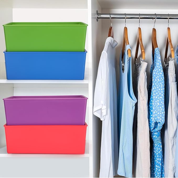 Menkxi 6 Pcs Large Plastic Storage Bins with Lids 14.4 x 10.4 x 5.1 Inch Stackable Storage Containers Decorative Cubby Organizer for Clothes Shelves Garage Closet Office (Colorful)