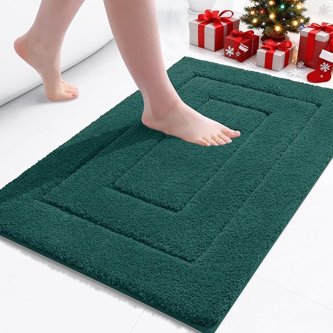 Buganda Bathroom Rugs, 24" x 16", Soft and Absorbent Microfiber Bath Rugs, Non-Slip Shaggy Shower Carpet, Machine Wash Dry Bath Mats for Bathroom Floor, Tub and Shower, Dark Green
