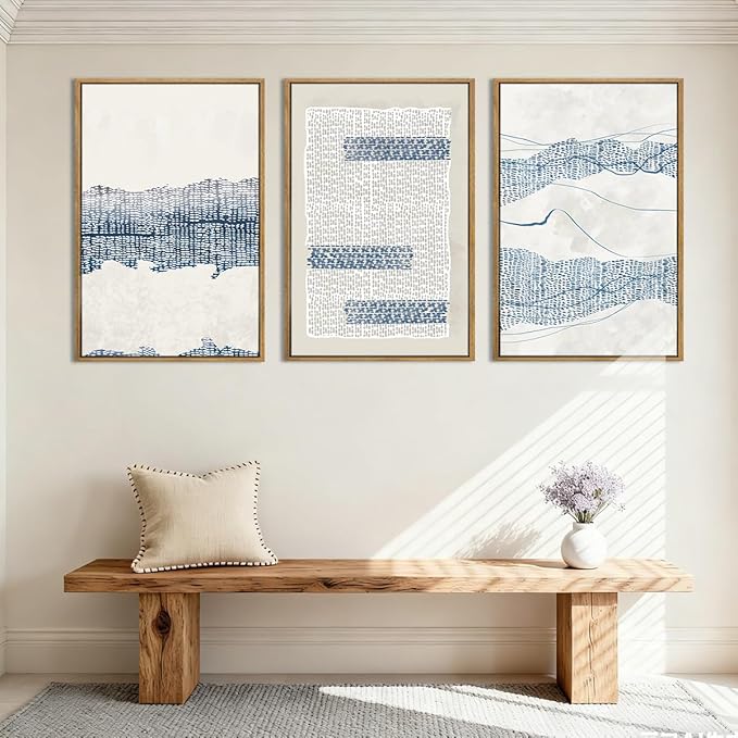 IARTTOP Large Blue Abstract Framed Canvas Wall Art 16x24 Inch Neutral Modern Art Prints Minimalist boho Artworks for Living Room Bedroom Office Set of 3