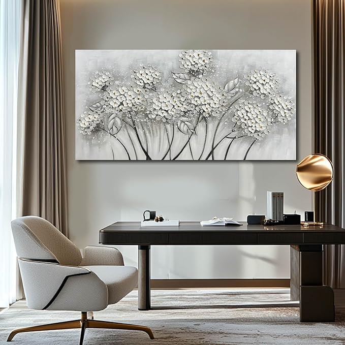 SOUGUAN Plant Wall Paintings White Floral Canvas Wall Art for Living Room Hand Painted Artwork Poster Botanical Picture Wall Decor for Home Office Decor 24x48 Inch
