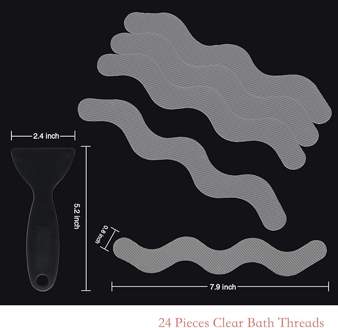 Anti Slip Shower Stickers, Adhesive Decals Safety Strips with Scraper for Bath Tub, Shower Floor, Stairs, 24 Pieces (Gray)