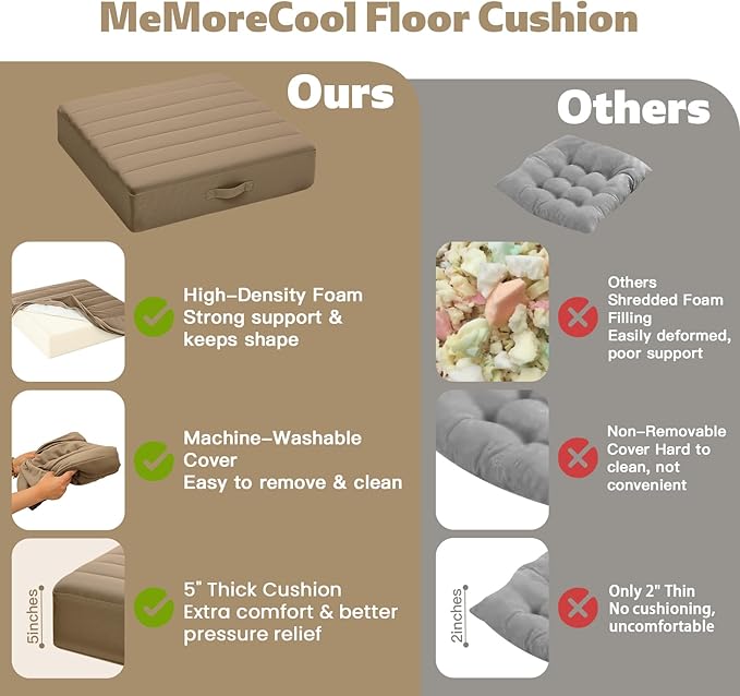 MeMoreCool Square Floor Pillows for Adults Kids, 2 Sets Large Meditation Cushion with 5" Thick Foam and Washable Tufted Cover, 24 Inch Coffee Seat Floor Cushions for Sitting and Yoga