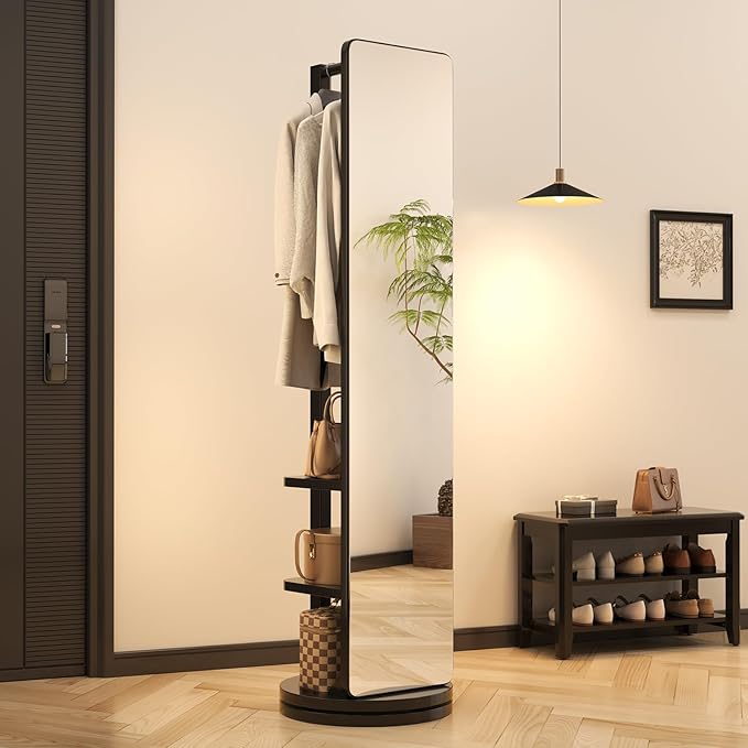 Full Length Mirror with Stand,Mirror Coat Rack,65.7 ''×15.8 ''Floor Mirror for Bedroom, Living Room, Dressing Room (Black)