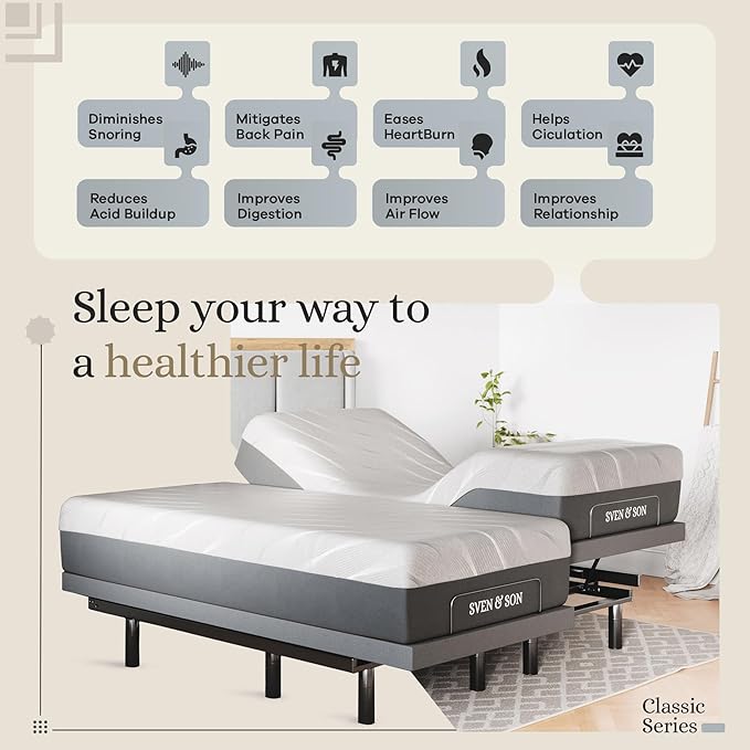 Sven & Son Classic Adjustable Bed Base, Head and Foot Lift, Massage, Under-Bed Lights, USB, Gel Memory, Zero Gravity Smart Frame - Split King + 10 inch Memory Foam Matt (Firm)