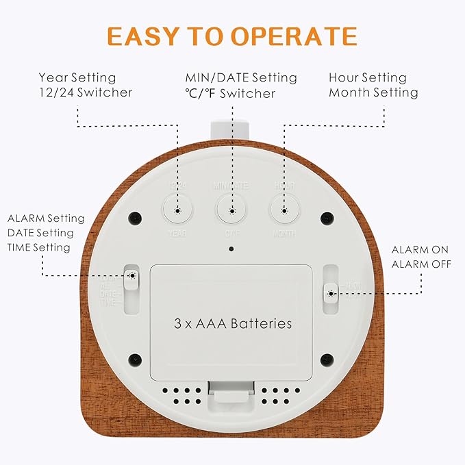 Plumeet Wooden Digital Alarm Clock for Bedrooms, Wood 4'' Battery Powered Alarm Clock with Snooze and Nightlight, Electronic LCD Desk Clock Display Time, Date, Temp, 12/24H, Wood Décor, Round, Sapele