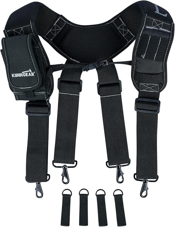 KUNN Tool Belt Suspenders Padded Construction Belt Harness with Gel Shoulder Strap Detachable Phone Holder,4 Tool Belt Loops