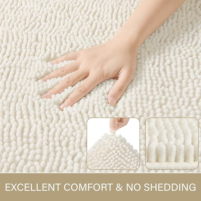 LOCHAS Luxury Bathroom Rug Shaggy Bath Mat 24 x 70 Inch, Washable Non Slip Bath Rugs for Bathroom Shower, Soft Plush Chenille Absorbent Carpets Mats, Cream White