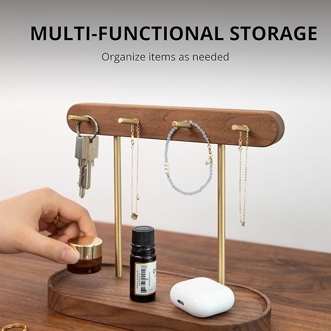 muso wood Walnut Key Stand for Entryway Table, Wooden Key Holder with 4 Hooks, Perfect for Key Trays, Valuables Trays, Jewelry Trays