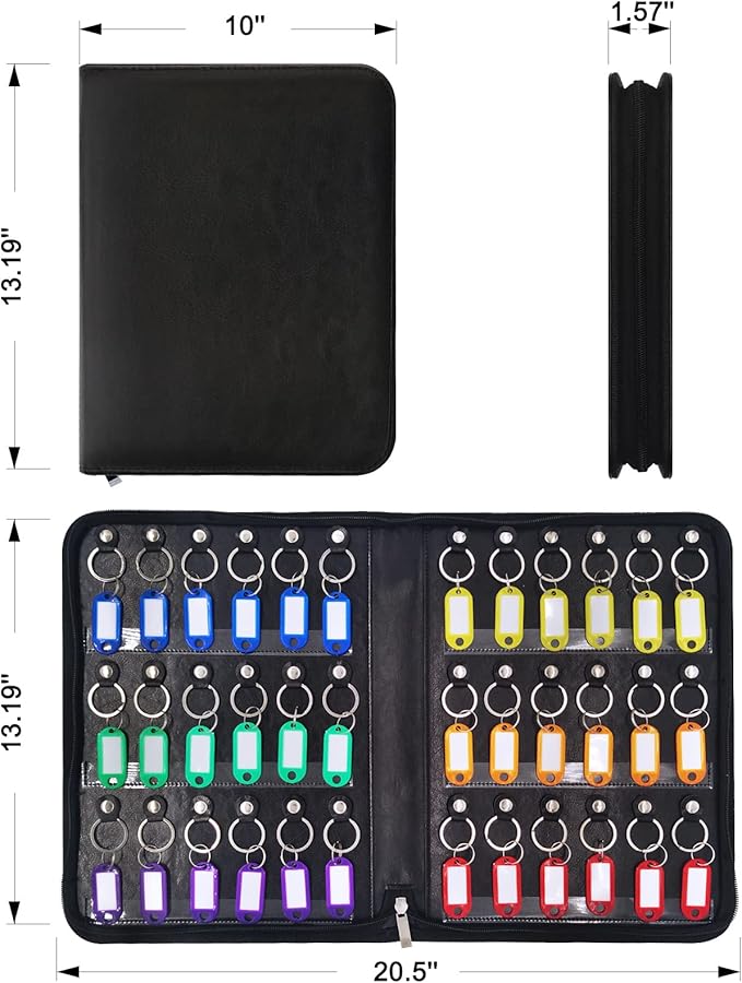 Portable Zippered Key Organizer,Leather Key Case with 36 Key Hooks and Tags Key Storage, Portable Manager,Landlord Key Binder,Zipper Key Organizers for Estate Sales,Hotel Executives,Car Rental Key Box