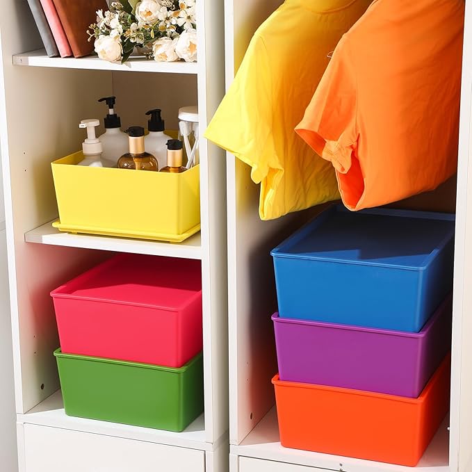Menkxi 6 Pcs Large Plastic Storage Bins with Lids 14.4 x 10.4 x 5.1 Inch Stackable Storage Containers Decorative Cubby Organizer for Clothes Shelves Garage Closet Office (Colorful)
