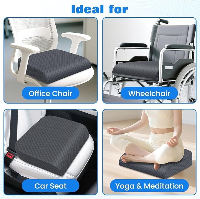 Seat Cushion, Memory Foam Chair Pad, Non-Slip Cushion for Office, Home, Car, Large Desk Chair Cushion, Washable Cover & Handle, X-Large, Grey