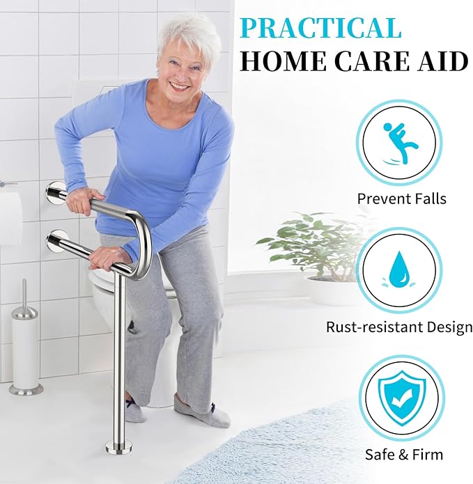 Toilet Support Rail 31.3X 31.5 Inch, Munzong Anti-Slip Chrome Handicap Grab Bar for Bathroom, Stainless Steel Knurled Safety handrails with Leg for Elderly Disabled Pregnant-1.25’Tube