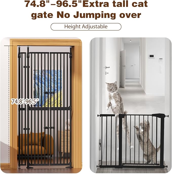 74.8"-90.5" Extra Tall Cat Gate for Doorway, Auto‑Close, No‑Drill Pressure‑Mount with 3 Support Pillars & Double‑Door, Fits 30.3–38.2″ Openings, 1.37″ Narrow Gap, Extension Kit Included, Black