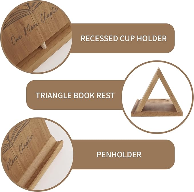 Wooden Triangle Bookmark, Small Bookshelf with Drink Holder, Wood Book Reading Rest with Slotted, Book Corner Display Triangle Book Holder (Brown)