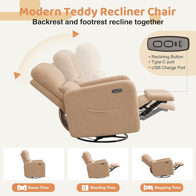Power Swivel Rocker Recliner, Oversized Boucle Electric Recliner Chair, Swivel Glider Nursery Reclienr with Removable Cushion, Upholstered Recling Chair for Living Room Bedroom, Teddy Camel