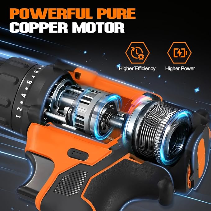 WORKBLESS 21V Power Drill Set, Cordless Drill with Battery and Charger, 3/8'' Keyless Chuck, Variable Speed, 18+1 Torque Setting and 28pcs Drilling/Driver Bits Tool Set(Orange)