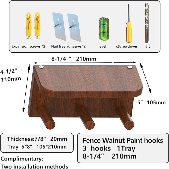 Wall Mounted Piano Key Hanger | Flip Style Hook | Entrance Wall Art Hook, Made of Oak Wood (3 Times Painted, 4 Times Polished) (Fence Walnut, 4Hooks)