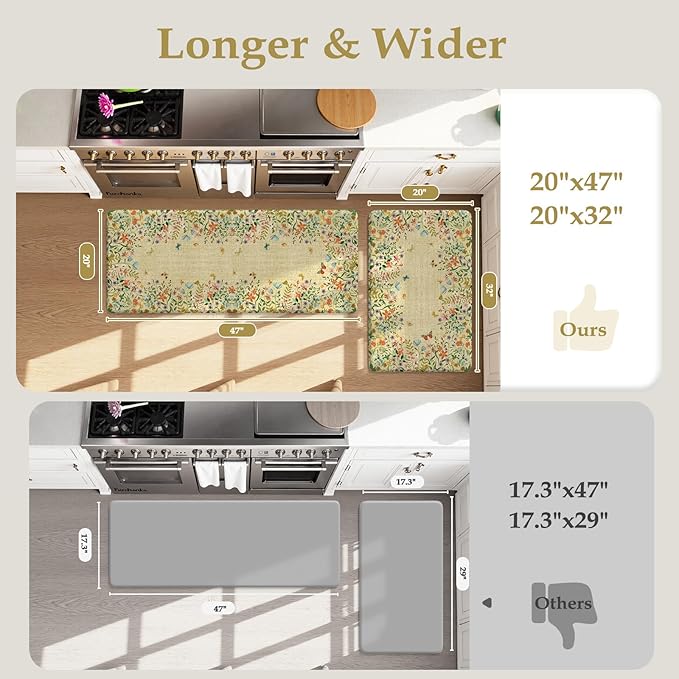 KIMODE Kitchen Mats Cushioned Anti Fatigue, Summer Farmhouse Flower Kitchen Rugs Sets of 2, Padded Kitchen Floor Mats, Non Slip Standing Mats for Sink Laundry Office Desk Brown 20"x47"+20"x32"
