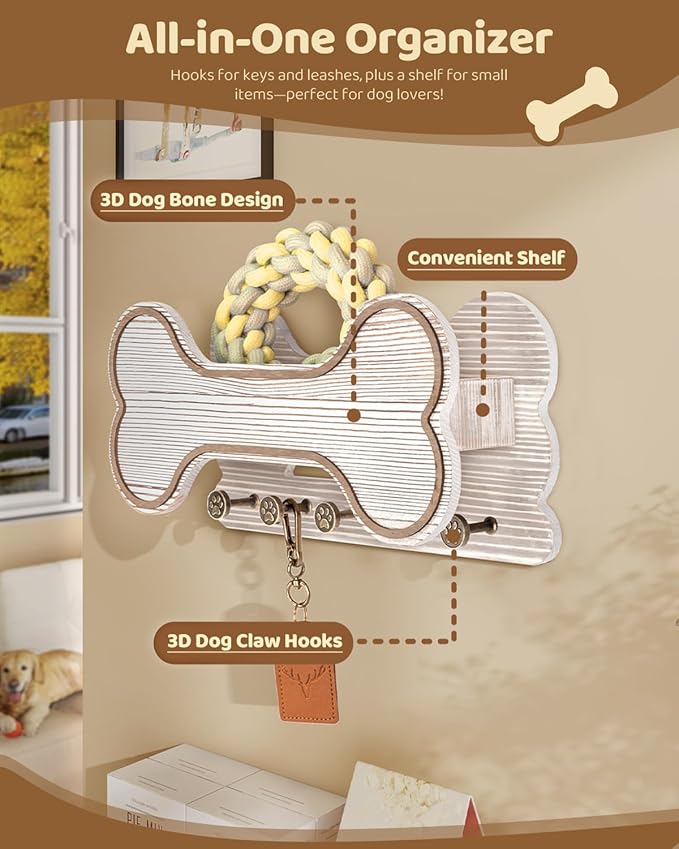 Decorative Dog Leash Holder for Wall - Creative Doggie Bone Shape Key Holder Wall Mount with Dog Stuff Storage Shelf & 5 Cute 3D Puppy Paw Hooks - Ideal for Room Decor (White)
