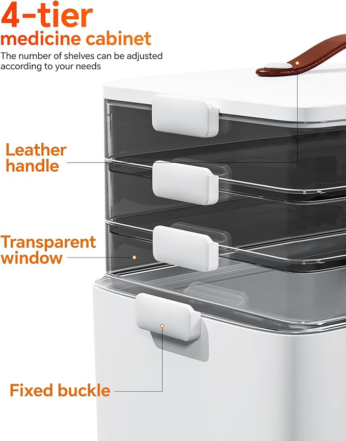 4-Tier Medicine Cabinet Organizer with Leather Handle, Empty Plastic First Aid Kit, Multipurpose Storage Box with A Portable Weekly Pill Organizer for Family Emergencies, Home, Travel, White
