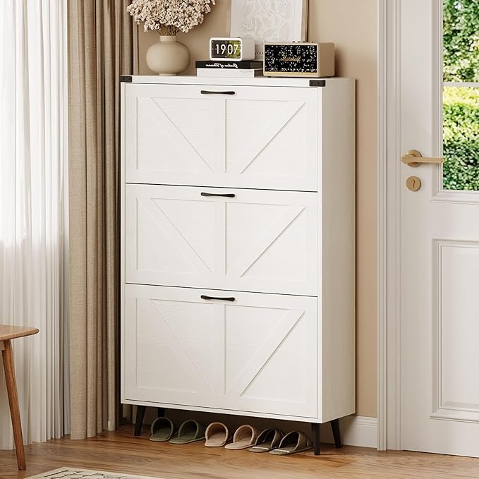 Shoe Cabinet with 3 Flip Drawers,Farmhouse Shoe Organizer Cabinet with Legs for Entryway,Narrow Slim Freestanding Rack Cabinet for Foyer,Hallway,White