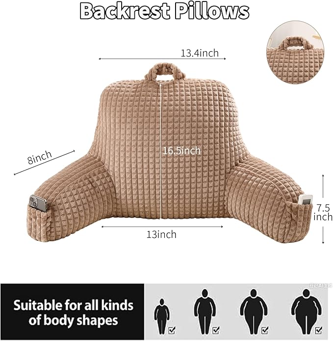 Reading Pillow for Sitting in Bed, Large Backrest Reading Pillow with Arm Rest,Back-Rest Support Cushion for Sit Up on Couch, Sofa, and Floor, Dorm Essentials (Khaki Flannel, Standard(17inch))