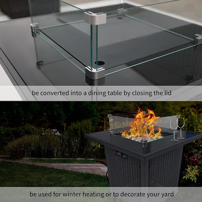 28" Square Fire Pit Table, Outdoor Propane Gas Firepit with Lid & Glass Wind Guard, 50,000 BTU, CSA Listed, Black Wicker Rattan for Patio, Garden, Backyard, Deck