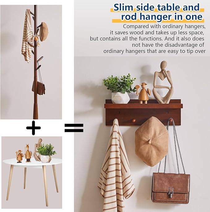Coat Hook Wall Mount with Shelf, 15.75in Wood Wall Hooks with Storage, for Entryway, Bathroom, Kitchen, Walnut Color YD-WS0240H