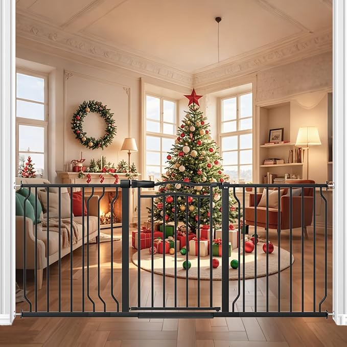 62.2-71.6" Extra Wide Baby Gate for Stairs No Drilling, 30" Tall Auto Close Press Mounted Baby Gate for Doorways, Adjustable Width Walk Through Long Gates for Kids or Pets, Black