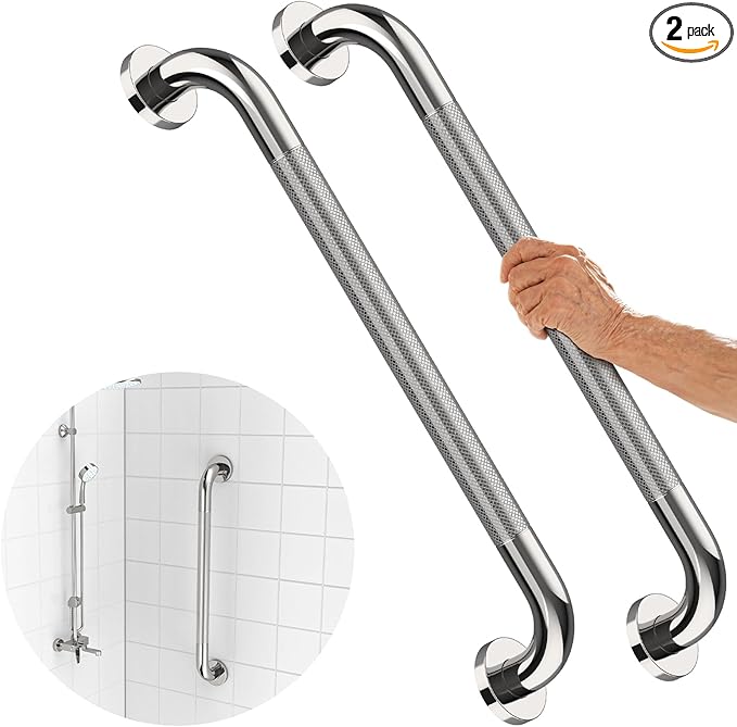 2 Pack 32 Inch Shower Grab Bar with Anti-Slip Grip, iMomwee Chrome Stainless Steel Bathroom Grab Bar Handle, Shower Balance Bar, Safety Hand Rail Support, Handicap Elderly Senior Assist Bath Handle