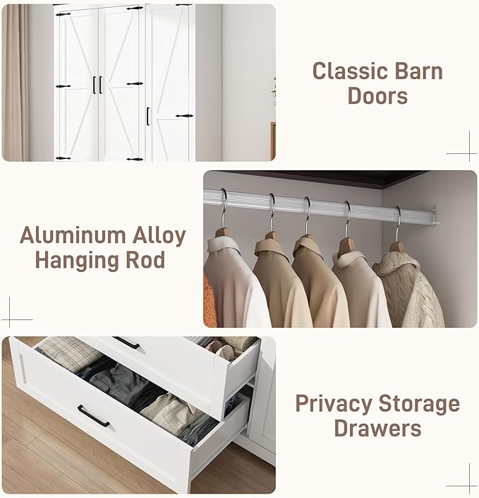 3 Doors Wardrobe Armoire Closet with Doors and Drawers, Farmhouse Wooden Armoire Storage Cabinet with Shelves & Hanging Rod for Bedroom, White