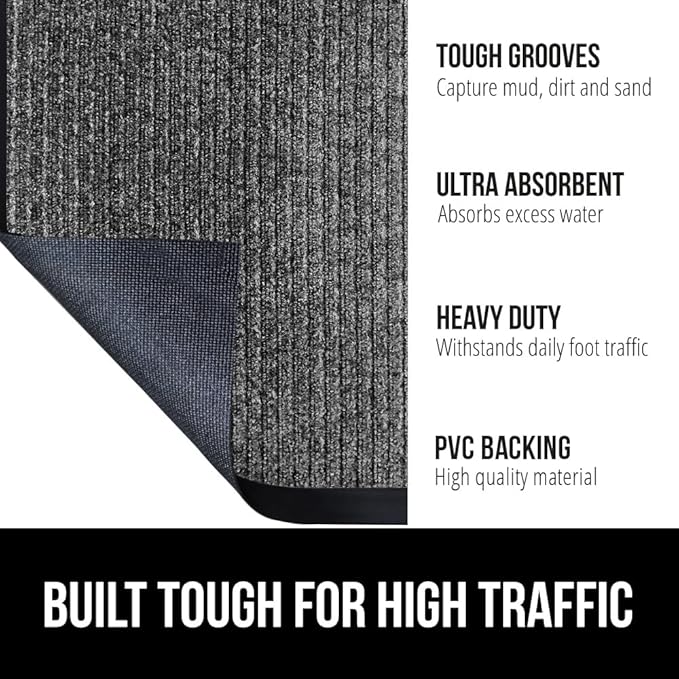 GORILLA GRIP Waterproof Traffic Guard Door Mat, 60x36, Heavy Duty Entryway Mats, Strong Rubber Back Commercial Utility Rugs for Office Hallway, Garage Floor and Home, Low Profile Carpet, Light Gray