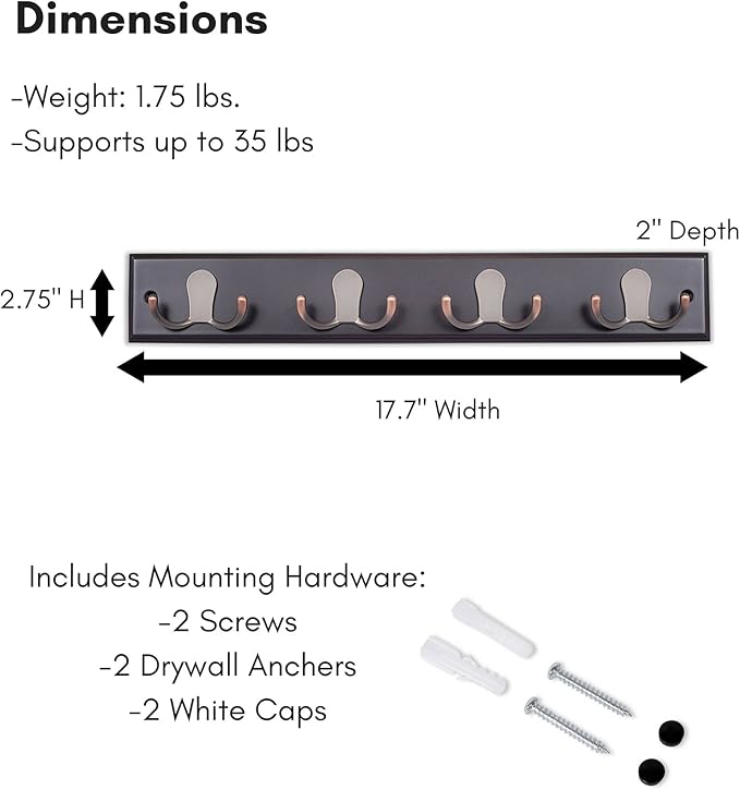 BIRDROCK HOME Dual Hook Coat Rack | 4 Dual Hooks | Wall Mounted Hat Key Rack Rail | Oil Rubbed Bronze Hooks | Dark Brown Pine Bathroom Rail
