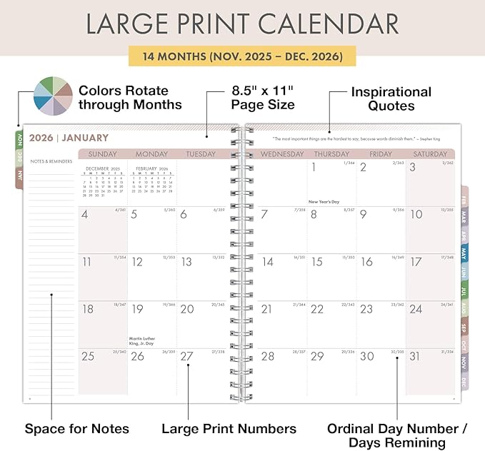 Essential PRO 2026 Daily, Weekly & Monthly Planner, 8.5"x11": 14 Months (Nov 2025 - Dec 2026) Monthly Tabs,Daily Tracking,Notes Pages,Storage Pocket,Bookmark w Sticky Notes (Colorful Botanicals)