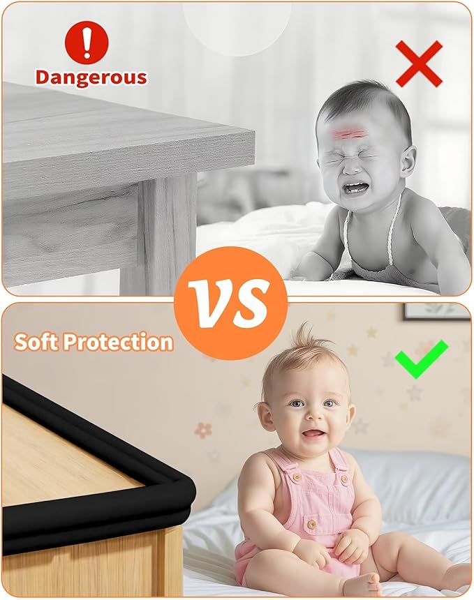 Edge Protector for Baby Proofing, 6.6FT 0.67’’Th L-Shape Air Buffering Soft NBR Rubber Foam Furniture Edge Bumper Guards with 6 Corners, Pre-Taped, Thick Table Bumper Guard for Babies (Black)
