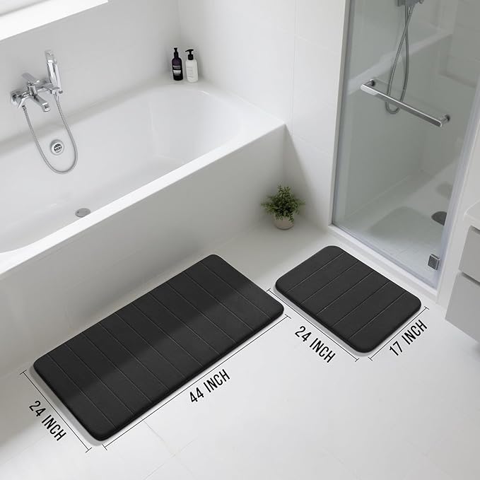 Yimobra Large Bath Mat Set 2 Piece- Super Soft Absorbent Quick Dry Memory Foam Bathroom Rugs, Machine Washable Non Slip Floor Carpet for Tub Shower & Double Vanity (17x24 & 44x24, Black)