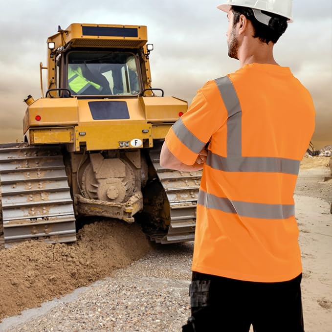 High Visibility Class 3 T Shirts，Hi Vis Safety Shirts with Reflective Strips and Pocket, Short Sleeve Quick Dry Mesh Construction Work Shirt for Men/Women Orange,Small