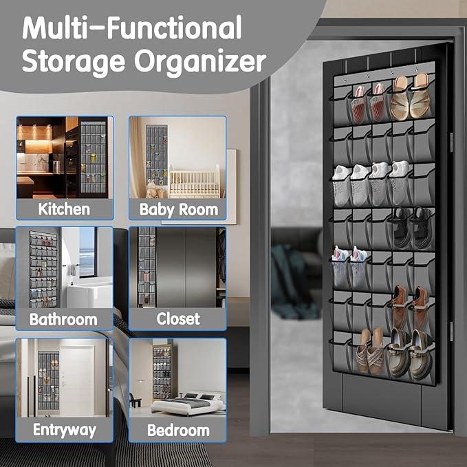 35 Compartment Over The Door Storage - Breathable Mesh Hanging Organizer with Large Pockets, Space Saving Design for Men & Women's Footwear, Closet, Bedroom (Gray)