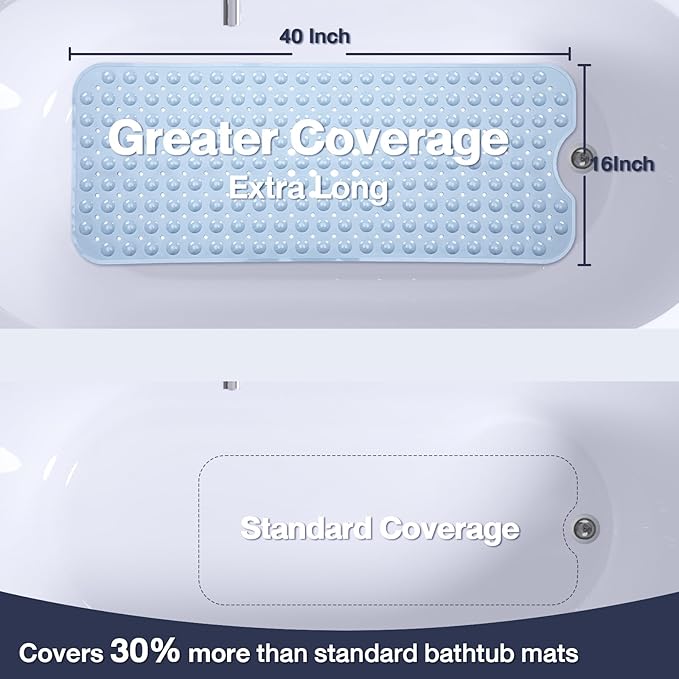 Extra Long Bathtub Mat Non Slip, Light Blue Soft Bath Mat for Tub 40 x 16 Inch Full Size, Bath Tub Shower Mats for Bathroom Floor, Big Suction Cups and Drain Holes, Easy Washable, BPA Free