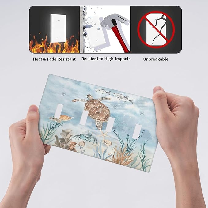 Light Switch Covers Sea Turtle Coral Reef Nauticaltheme Quad Toggle Electrical Faceplate 4 Gang Wall Plate Decorative Switch Plates for Kids room Bathroom Decor