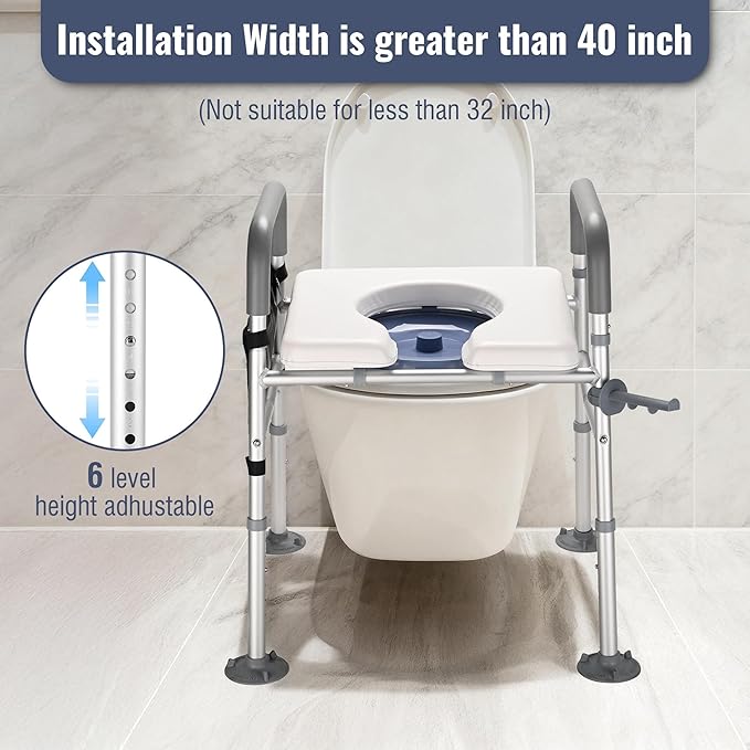 AW Raised Toilet Seat Riser Adjustable Height 16" to 21" Padded Bedside Commode Bedpan with Handles Aluminum 375 Lbs Capacity Fit Any Toilet for Elderly Seniors Disabled Handicapped