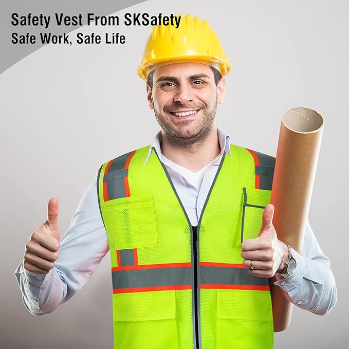 SKSAFETY 10 Pockets Safety Vest, Class 2 High Visibility Security with Zipper Double-sided mesh, Hi Vis Vest with Reflective Strips, ANSI/ISEA Standard, Construction Work Vest （Lime, XL）
