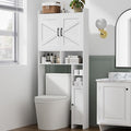 Homhedy Over The Toilet Storage Cabinet with 2 Barn Door and Toilet Paper Holder Stand, FreeStanding Toilet Shelf Space Saver, for Bathroom, Restroom, Laundry, White